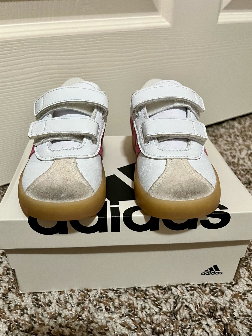 Adidas Kids White & Pink Velcro Sneakers with Gum Sole